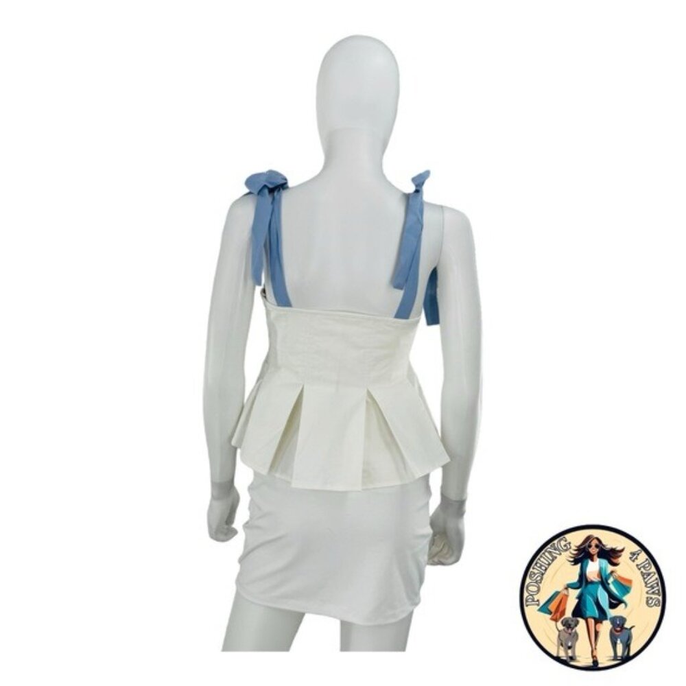 Hyacinth House NEW White and Blue Ophelia Bow Preppy Peplum Top Size Large - Picture 6 of 8